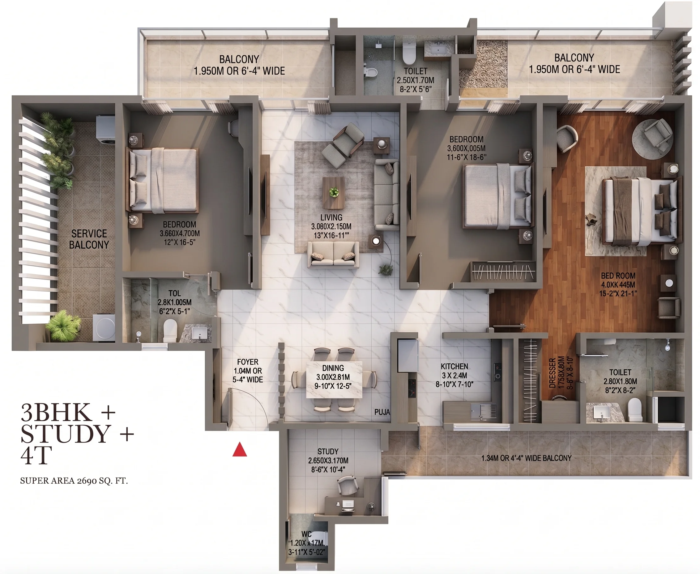 Forbes Fab Luxe Residences — 3 BHK Type 1 floor plan, 2690 sq ft with room dimensions