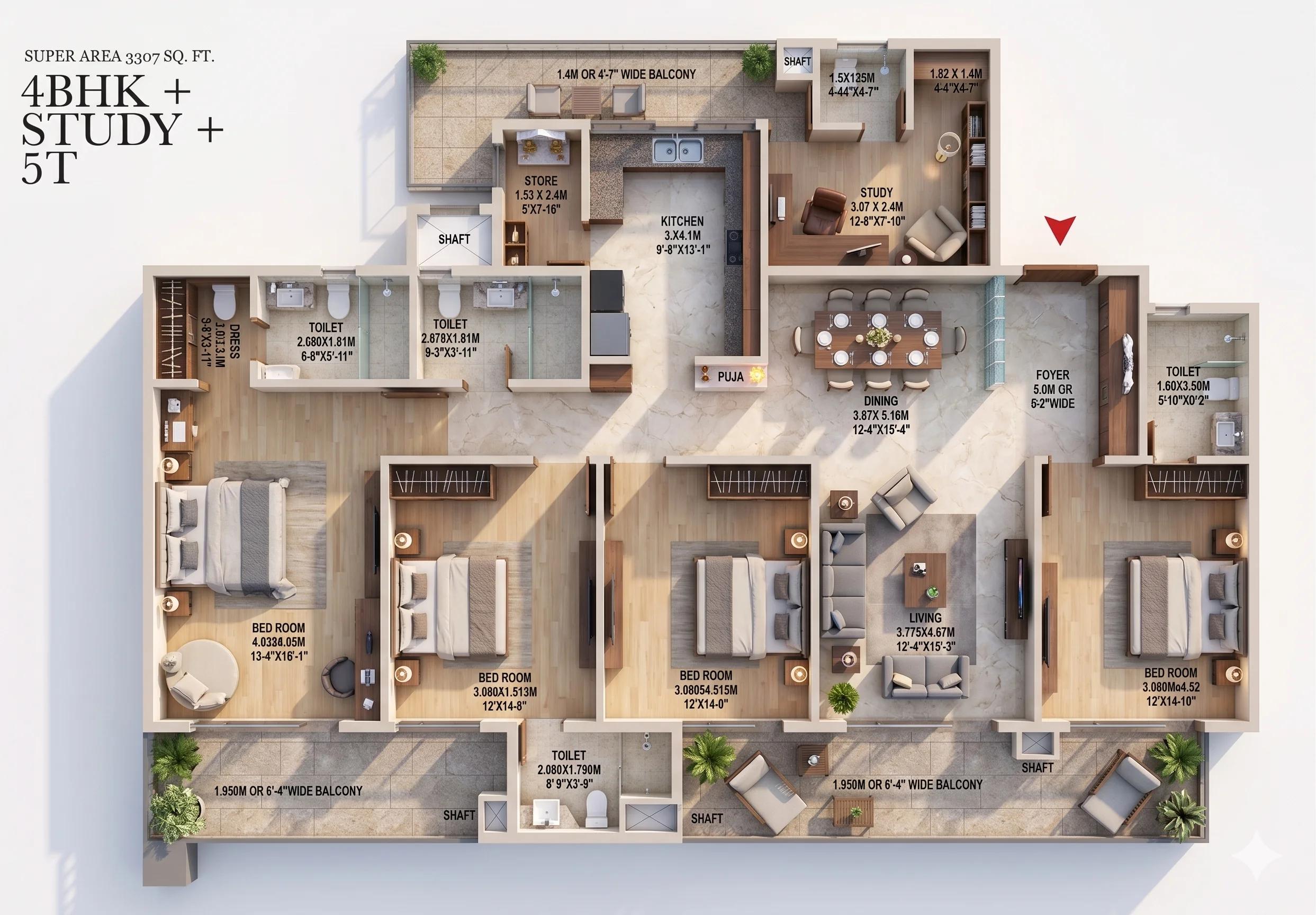 Forbes Fab Luxe Residences — 4 BHK Type 3 floor plan, 3307 sq ft with room dimensions
